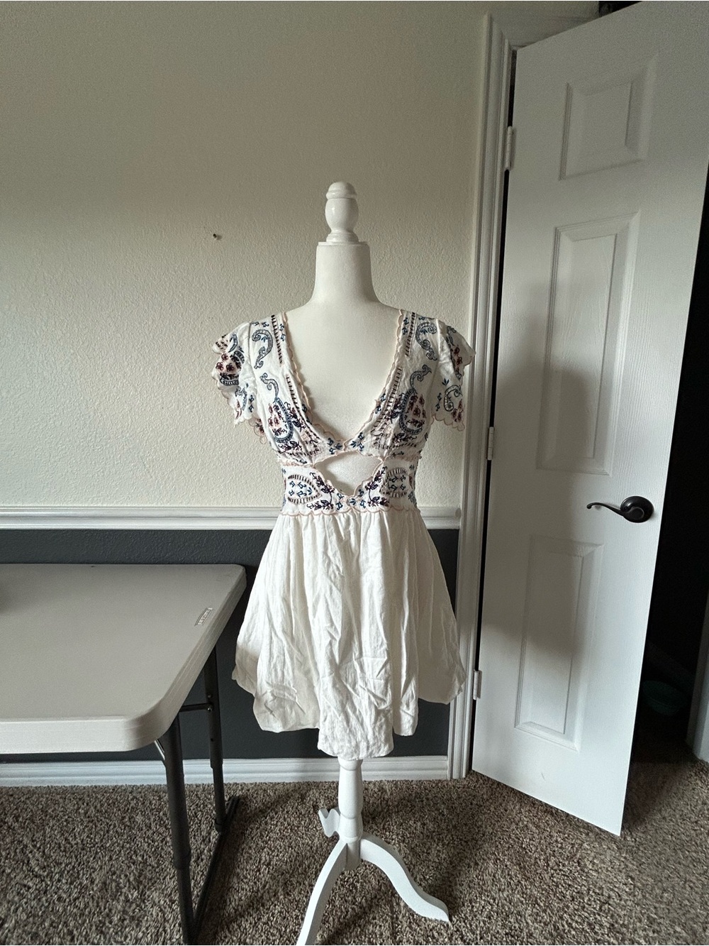 Free People White Mini Dress with Navy Paisley Accents